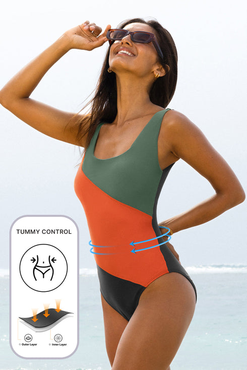 Square Neck Geometric Panel Control One Piece Swimsuit