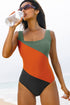 Square Neck Geometric Panel Control One Piece Swimsuit