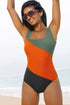 Square Neck Geometric Panel Control One Piece Swimsuit