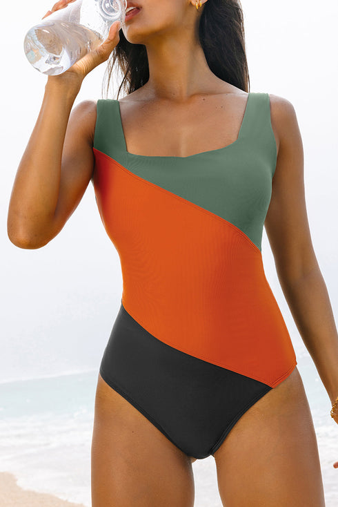 Square Neck Geometric Panel Control One Piece Swimsuit