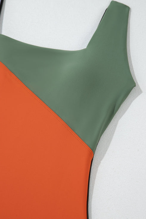 Square Neck Geometric Panel Control One Piece Swimsuit
