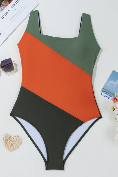 Square Neck Geometric Panel Control One Piece Swimsuit