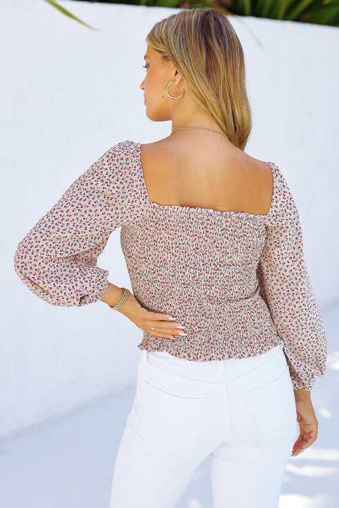 Square Neck Puff Sleeve Floral Smocked Top
