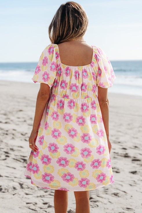 Square Neck Puff Sleeve Pleated Midi Floral Dress