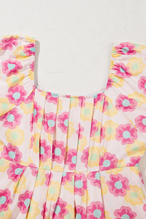 Square Neck Puff Sleeve Pleated Midi Floral Dress