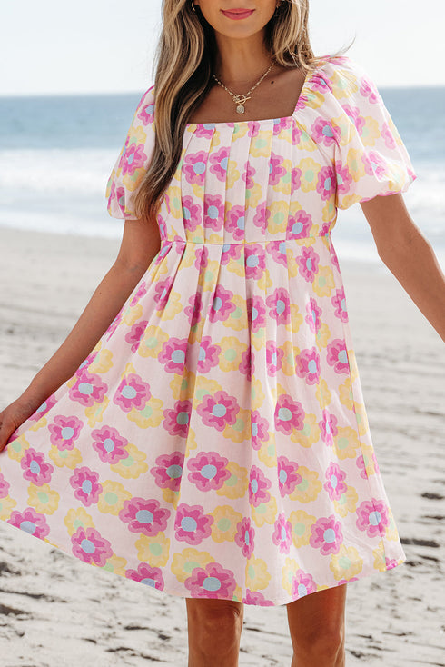 Square Neck Puff Sleeve Pleated Midi Floral Dress