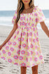 Square Neck Puff Sleeve Pleated Midi Floral Dress