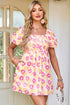Square Neck Puff Sleeve Pleated Midi Floral Dress
