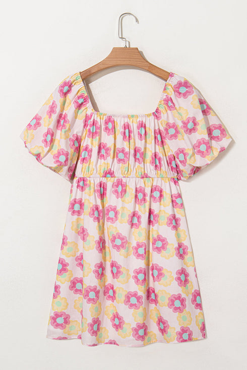 Square Neck Puff Sleeve Pleated Midi Floral Dress