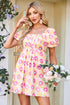 Square Neck Puff Sleeve Pleated Midi Floral Dress