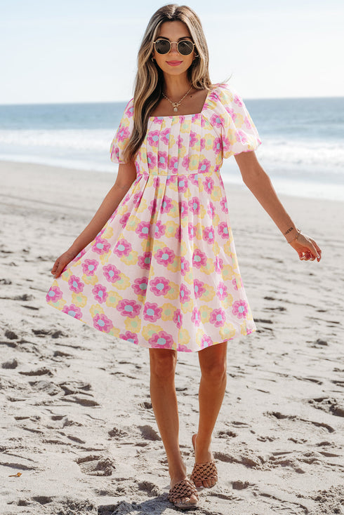 Square Neck Puff Sleeve Pleated Midi Floral Dress