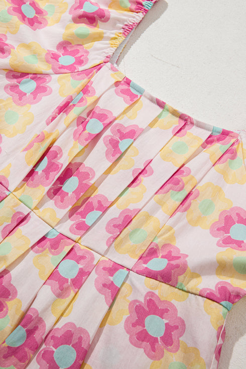 Square Neck Puff Sleeve Pleated Midi Floral Dress