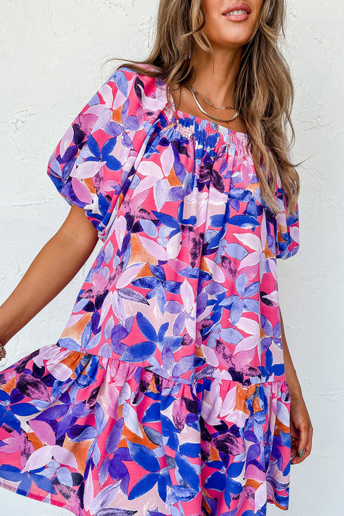 Square Neck Puff Sleeve Tiered Babydoll Dress