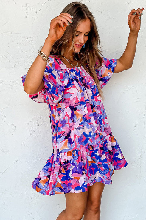 Square Neck Puff Sleeve Tiered Babydoll Dress