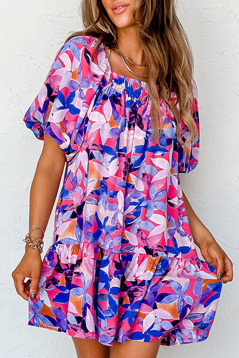 Square Neck Puff Sleeve Tiered Babydoll Dress