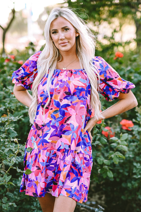 Square Neck Puff Sleeve Tiered Babydoll Dress