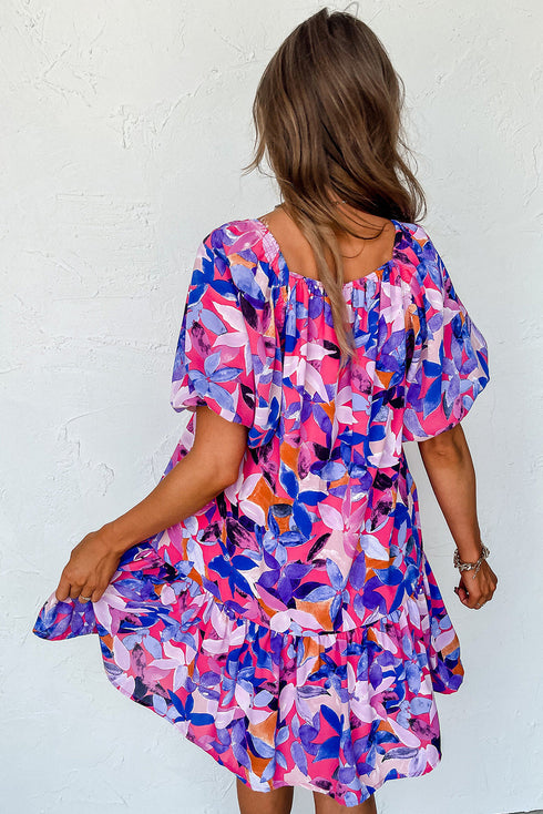 Square Neck Puff Sleeve Tiered Babydoll Dress