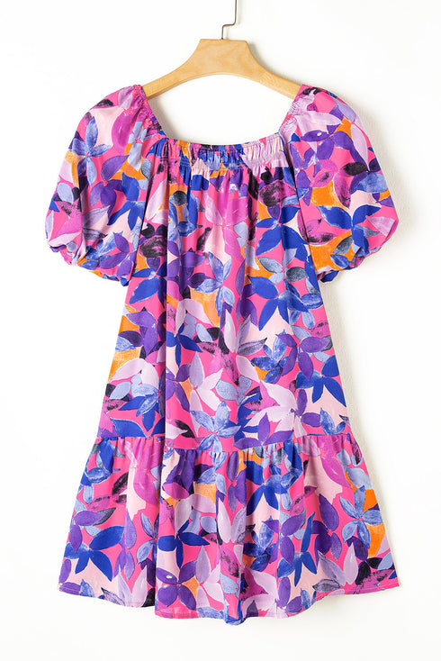 Square Neck Puff Sleeve Tiered Babydoll Dress