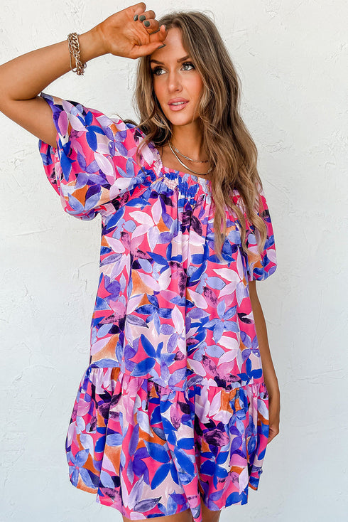 Square Neck Puff Sleeve Tiered Babydoll Dress