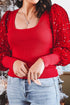 Square Neck Ribbed Knit Sequin Sleeve Fitted Top
