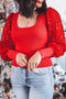 Square Neck Ribbed Knit Sequin Sleeve Fitted Top