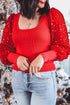 Square Neck Ribbed Knit Sequin Sleeve Fitted Top