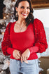 Square Neck Ribbed Knit Sequin Sleeve Fitted Top