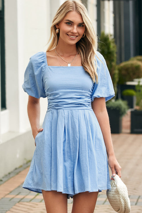 Square Neck Ruched Bodice Puff Sleeve Cotton Romper