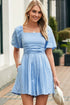 Square Neck Ruched Bodice Puff Sleeve Cotton Romper
