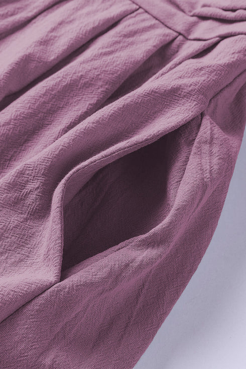 Square Neck Ruched Bodice Puff Sleeve Cotton Romper