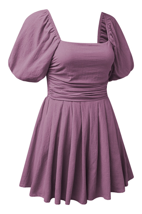 Square Neck Ruched Bodice Puff Sleeve Cotton Romper