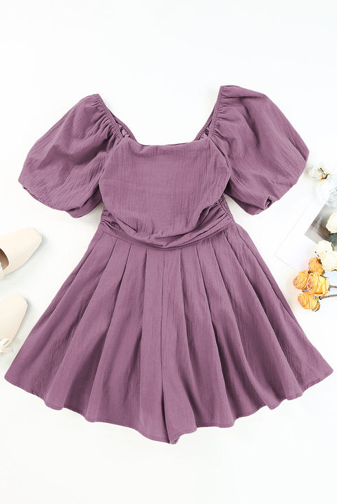 Square Neck Ruched Bodice Puff Sleeve Cotton Romper