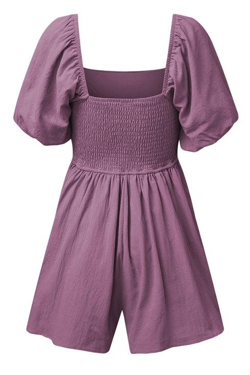 Square Neck Ruched Bodice Puff Sleeve Cotton Romper