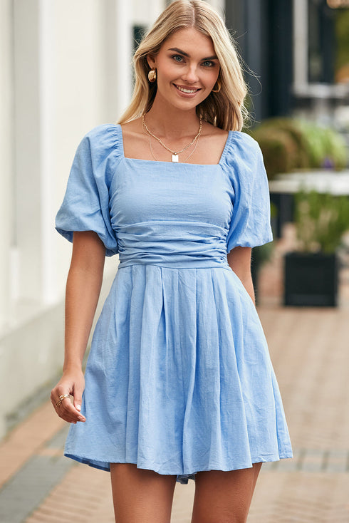 Square Neck Ruched Bodice Puff Sleeve Cotton Romper