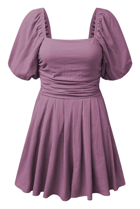 Square Neck Ruched Bodice Puff Sleeve Cotton Romper