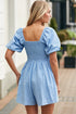 Square Neck Ruched Bodice Puff Sleeve Cotton Romper