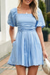 Square Neck Ruched Bodice Puff Sleeve Cotton Romper
