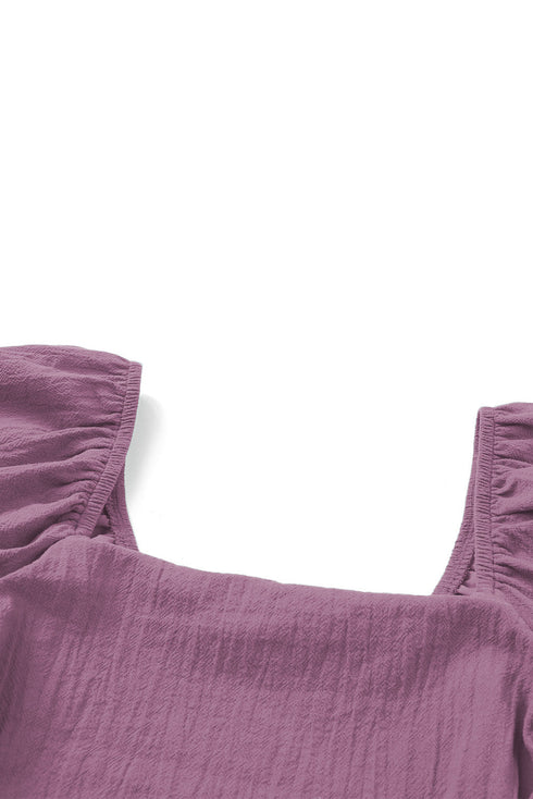 Square Neck Ruched Bodice Puff Sleeve Cotton Romper