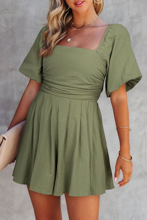 Square Neck Ruched Bodice Puff Sleeve Cotton Romper