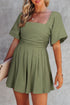 Square Neck Ruched Bodice Puff Sleeve Cotton Romper