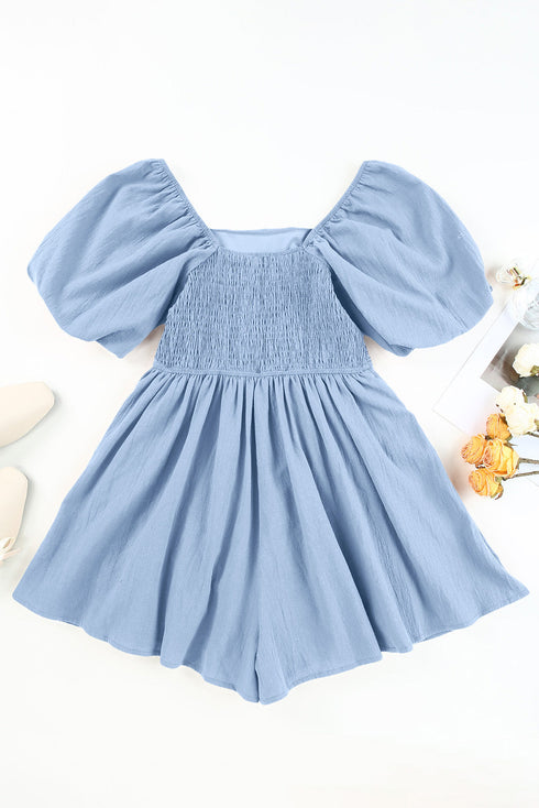 Square Neck Ruched Bodice Puff Sleeve Cotton Romper