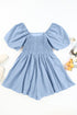 Square Neck Ruched Bodice Puff Sleeve Cotton Romper