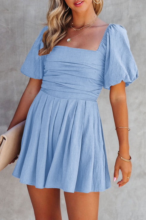 Square Neck Ruched Bodice Puff Sleeve Cotton Romper