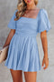 Square Neck Ruched Bodice Puff Sleeve Cotton Romper
