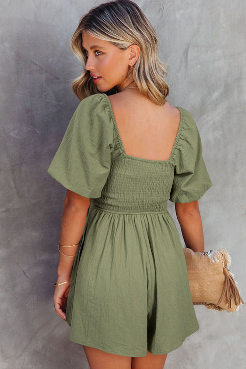 Square Neck Ruched Bodice Puff Sleeve Cotton Romper