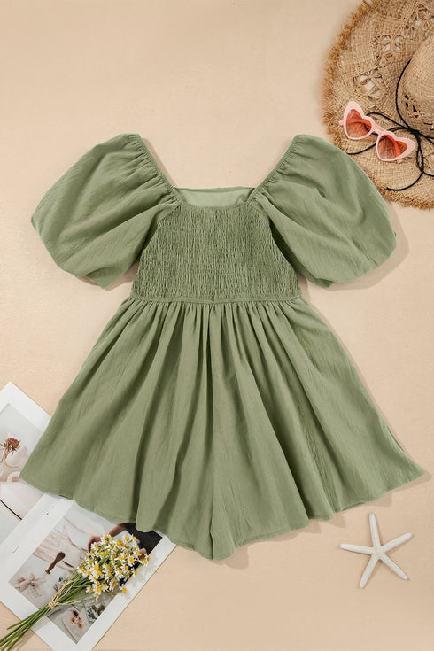 Square Neck Ruched Bodice Puff Sleeve Cotton Romper