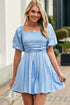 Square Neck Ruched Bodice Puff Sleeve Cotton Romper