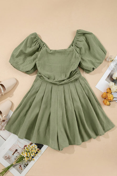 Square Neck Ruched Bodice Puff Sleeve Cotton Romper