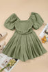 Square Neck Ruched Bodice Puff Sleeve Cotton Romper