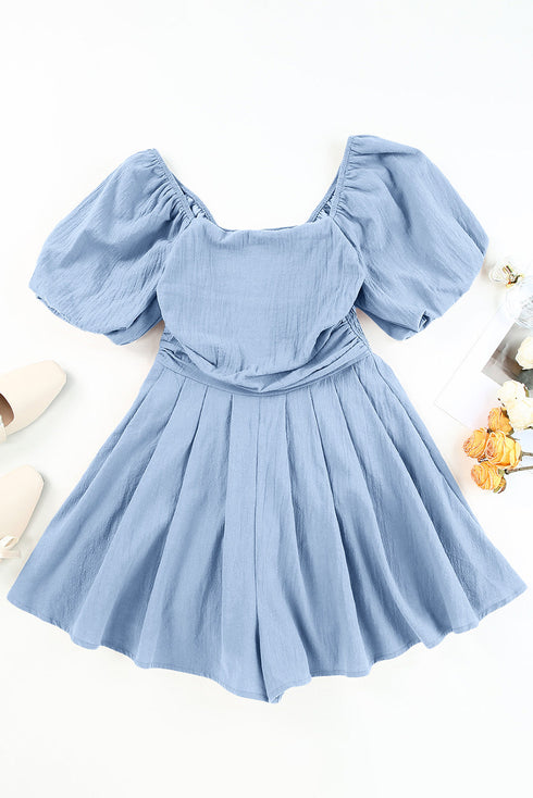 Square Neck Ruched Bodice Puff Sleeve Cotton Romper